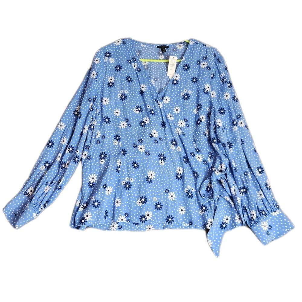 TALBOTS Blouse Womens XLP Daisy Floral Wrap Top Blue Shirt V Neck Tie NWT $89
